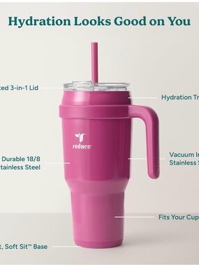 Reduce Fuchsia / Hot Pink Insulated Travel Mug w/ Handle | New in Box